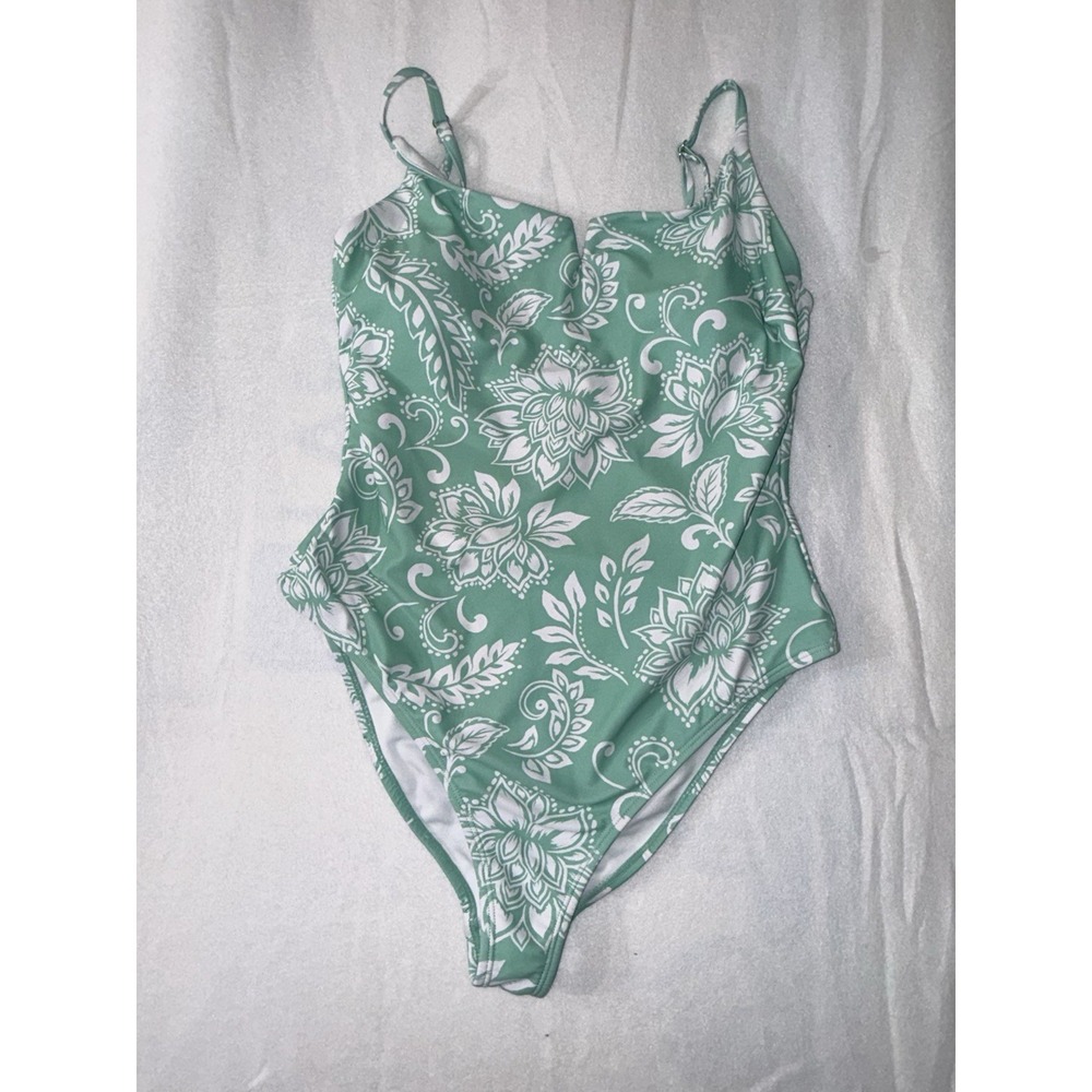 Endless Sun‎ Woman Swim Suit Sz L Floral One Piece White Green Thin Strap New